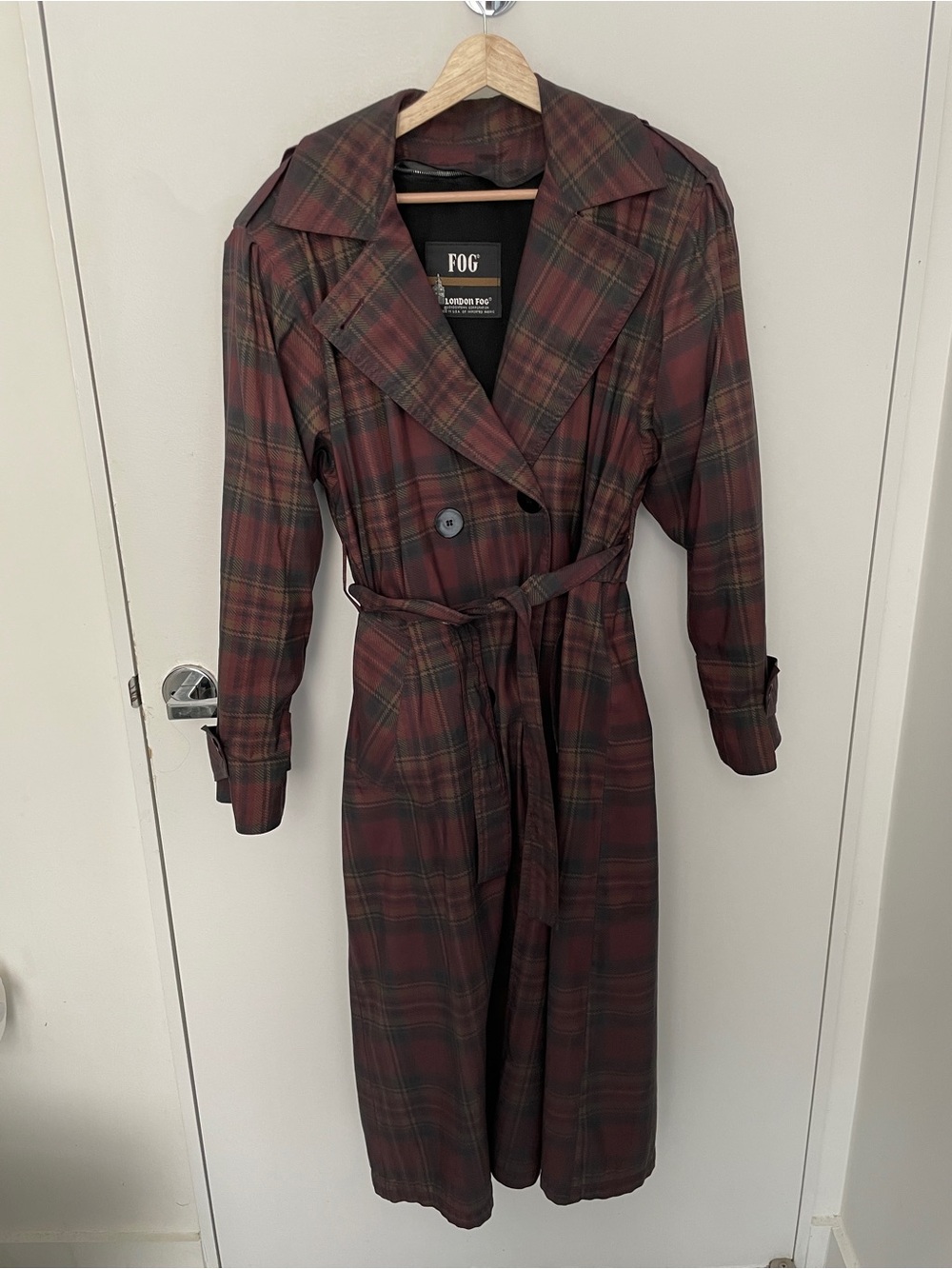 Vintage London Fog Burgundy and Green Plaid Long-Sleeve Trench Coat